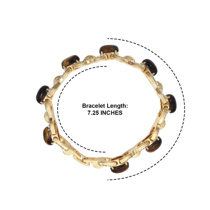 Yellow Tigers Eye 6.00 ctw and Austrian Crystal Classic Link Bolo Bracelet in Goldtone (7.25In)
