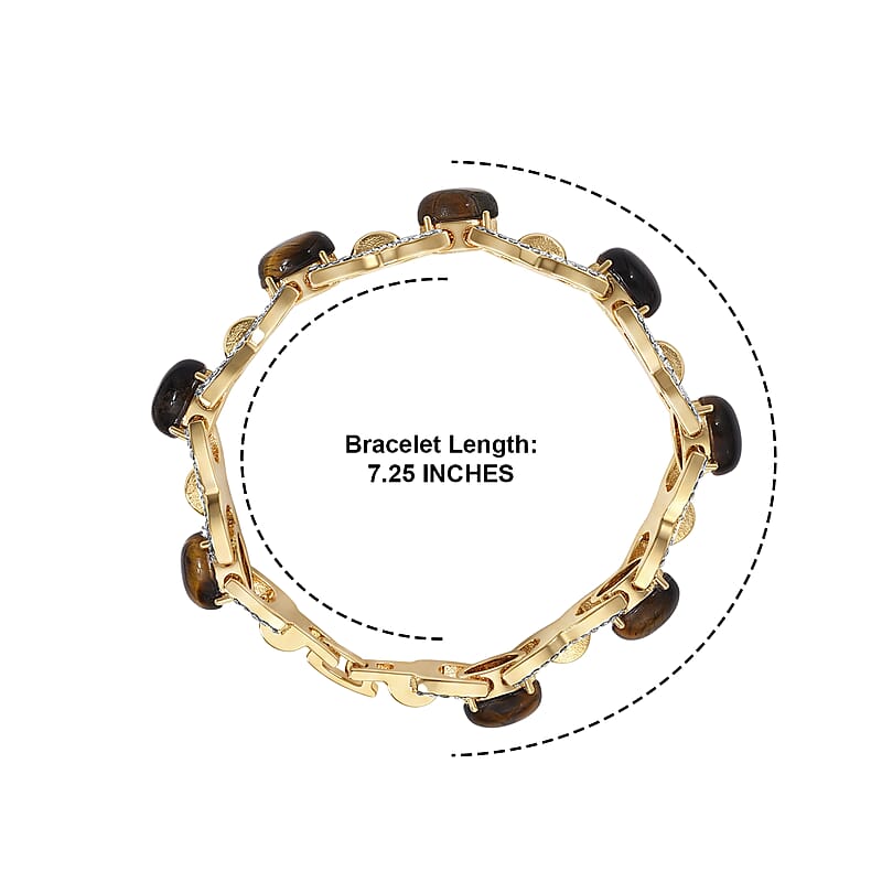 Yellow Tigers Eye 6.00 ctw and Austrian Crystal Classic Link Bolo Bracelet in Goldtone