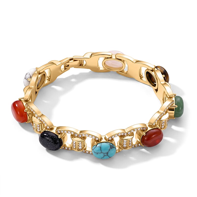 Multi Gemstone 6.00 ctw and Austrian Crystal Classic Link Bolo Bracelet in Goldtone
