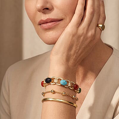 Multi Gemstone 6.00 ctw and Austrian Crystal Classic Link Bolo Bracelet in Goldtone