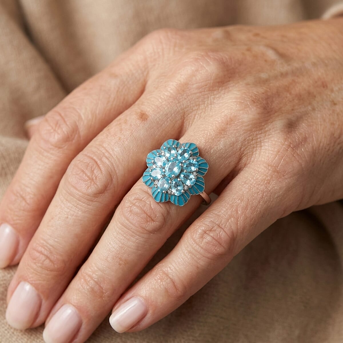 D'Joy Premium Betroka Blue Apatite and Moissanite 2.00 ctw Ocean Bloom Ring in Rhodium Over Sterling Silver (Size 10.0) image number 1
