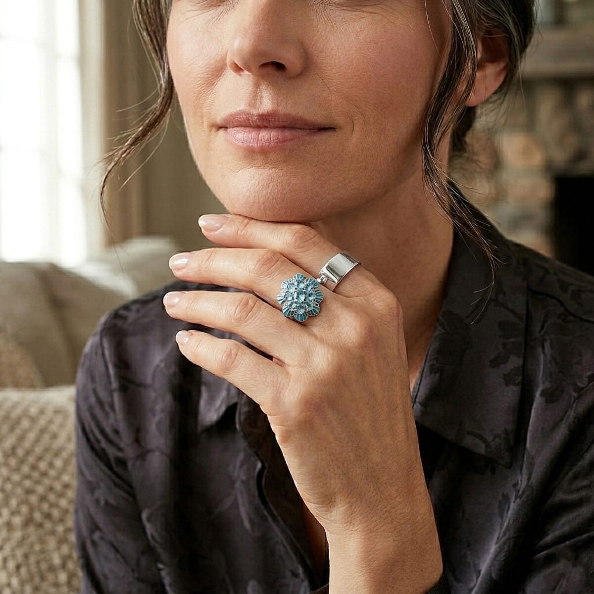 D'Joy Premium Betroka Blue Apatite and Moissanite 2.00 ctw Ocean Bloom Ring in Rhodium Over Sterling Silver (Size 10.0) image number 2