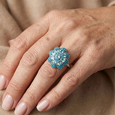 D'Joy Premium Betroka Blue Apatite and Moissanite 2.00 ctw Ocean Bloom Ring in Rhodium Over Sterling Silver (Size 6.0)
