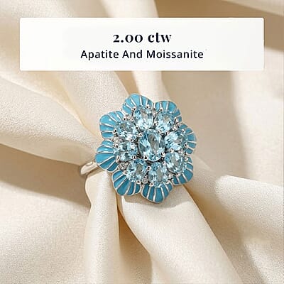 D'Joy Premium Betroka Blue Apatite and Moissanite 2.00 ctw Ocean Bloom Ring in Rhodium Over Sterling Silver (Size 6.0)
