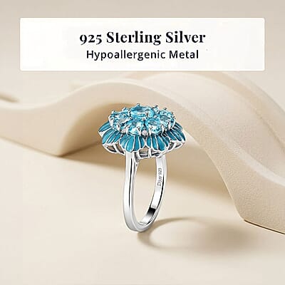 D'Joy Premium Betroka Blue Apatite and Moissanite 2.00 ctw Ocean Bloom Ring in Rhodium Over Sterling Silver (Size 6.0)