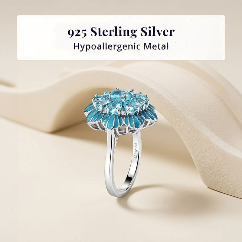D'Joy Premium Paraiba Apatite and Moissanite 2.00 ctw Ocean Bloom Ring in Rhodium Over Sterling Silver (Size 6.0)