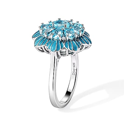D'Joy Premium Betroka Blue Apatite and Moissanite 2.00 ctw Ocean Bloom Ring in Rhodium Over Sterling Silver (Size 6.0)