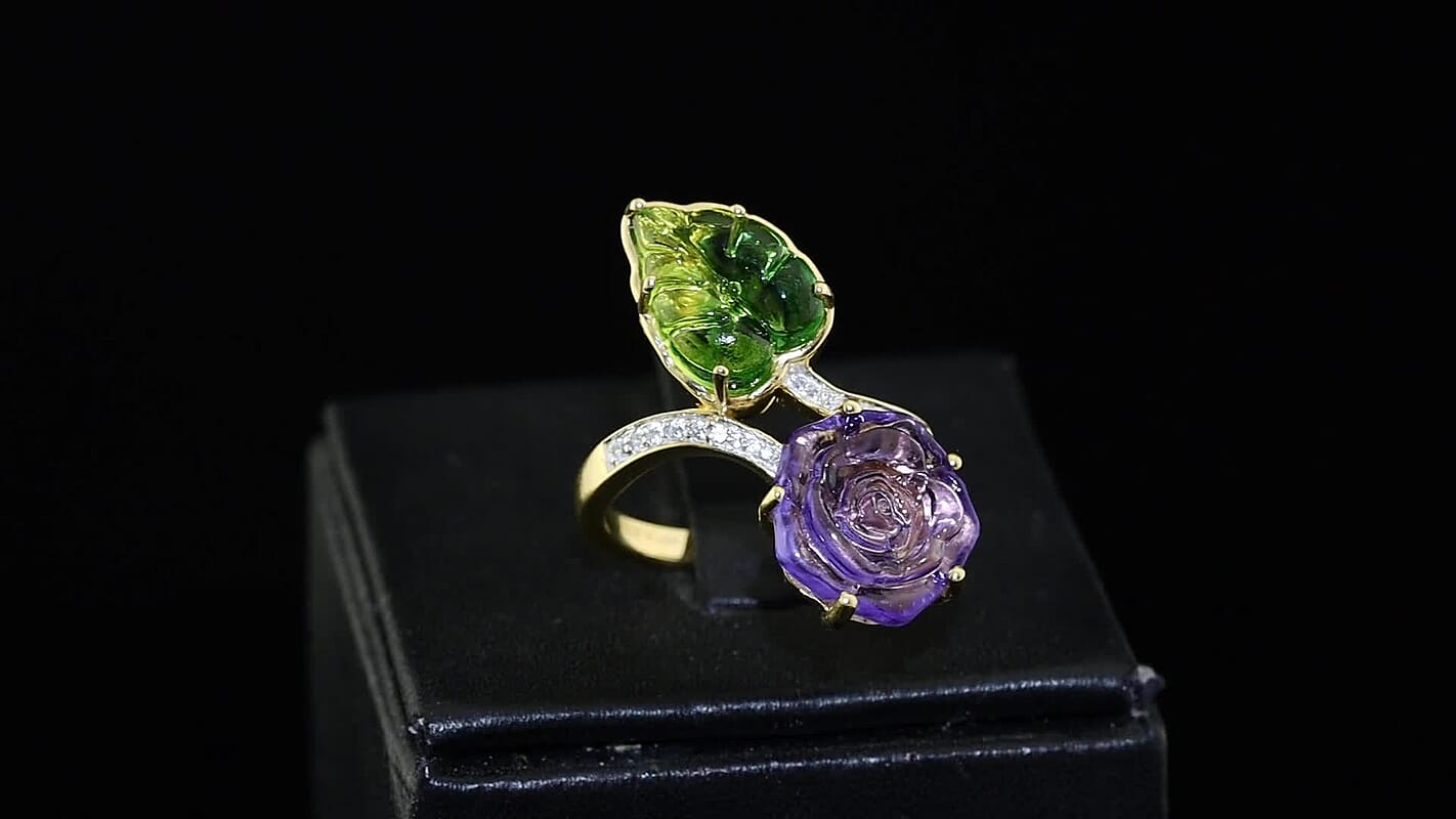 GP Purple and Green Murano Style and White Zircon 0.25 ctw Ring in 18K Vermeil Yellow Gold Over Sterling Silver (Size 7.0)