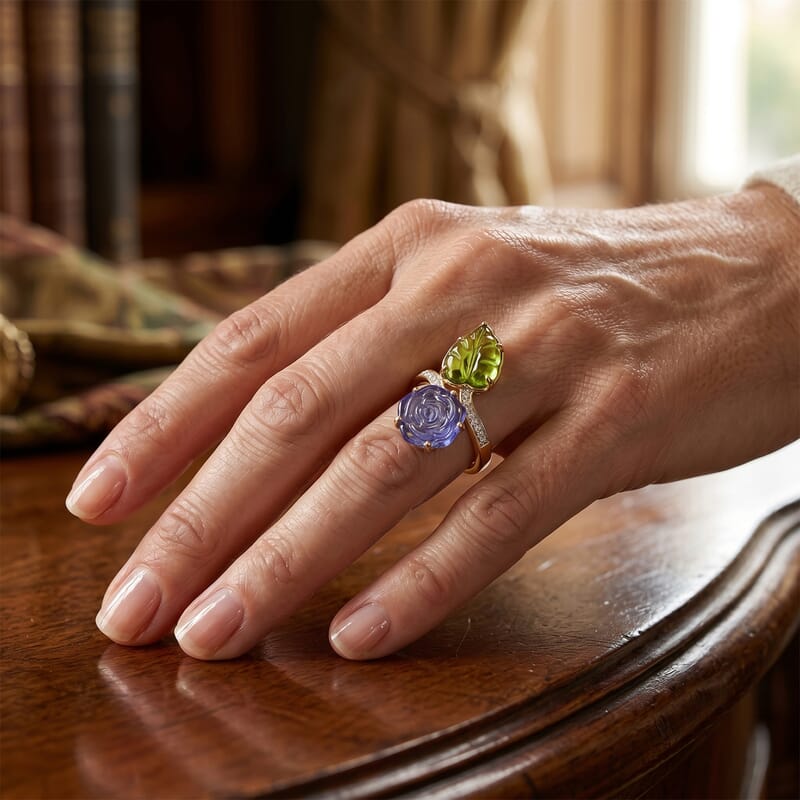 GP Purple and Green Murano Style, White Zircon 0.25 ctw Ring in 18K Vermeil Yellow Gold Over Sterling Silver (Size 7.0)