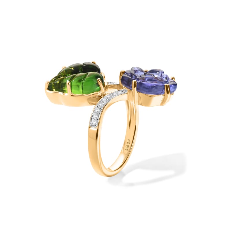 GP Purple and Green Murano Style, White Zircon 0.25 ctw Ring in 18K Vermeil Yellow Gold Over Sterling Silver (Size 7.0)