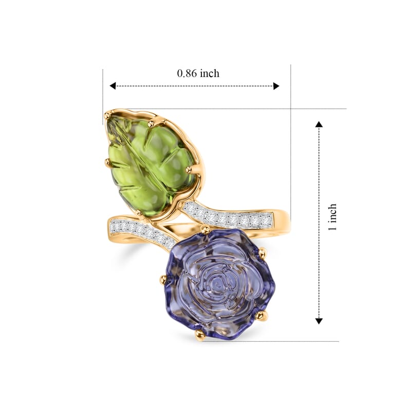 GP Purple and Green Murano Style, White Zircon 0.25 ctw Ring in 18K Vermeil Yellow Gold Over Sterling Silver (Size 7.0)