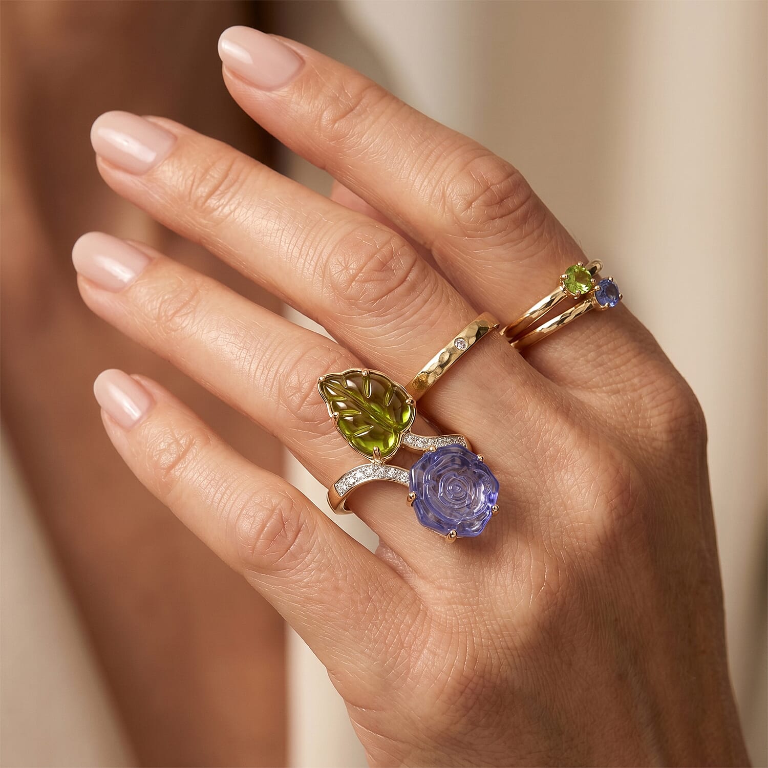 GP Whisper of Murano Collection Purple and Green Murano Glass, White Zircon 0.25 ctw Ring in 18K Vermeil Yellow Gold Over Sterling Silver (Size 8.0)