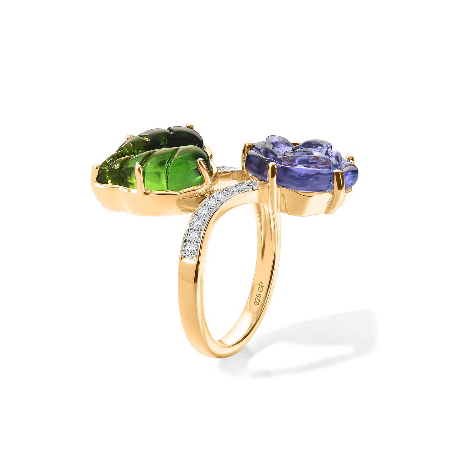 GP Whisper of Murano Collection Purple and Green Murano Glass, White Zircon 0.25 ctw Ring in 18K Vermeil Yellow Gold Over Sterling Silver (Size 8.0)