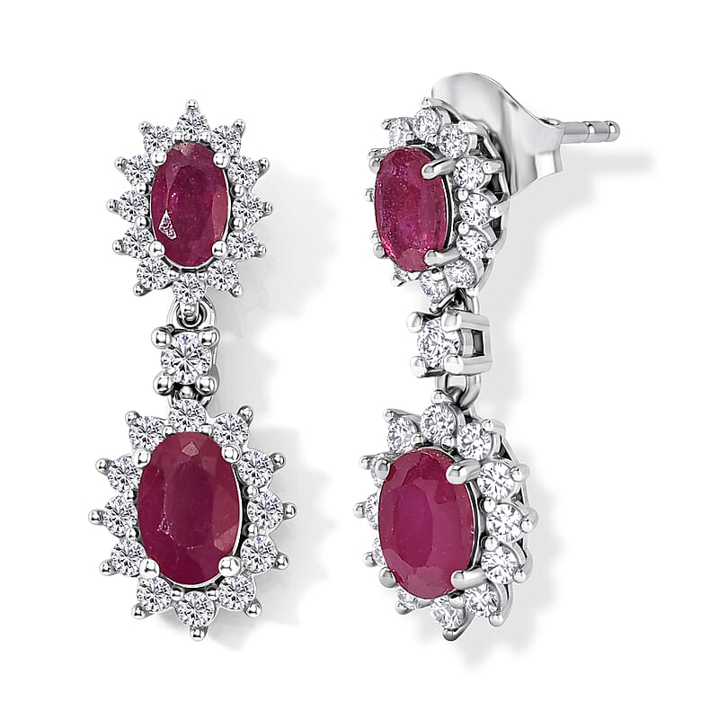 D'Joy AAA African Ruby (FF) and White Zircon 2.85 ctw Earrings in Platinum Over Sterling Silver