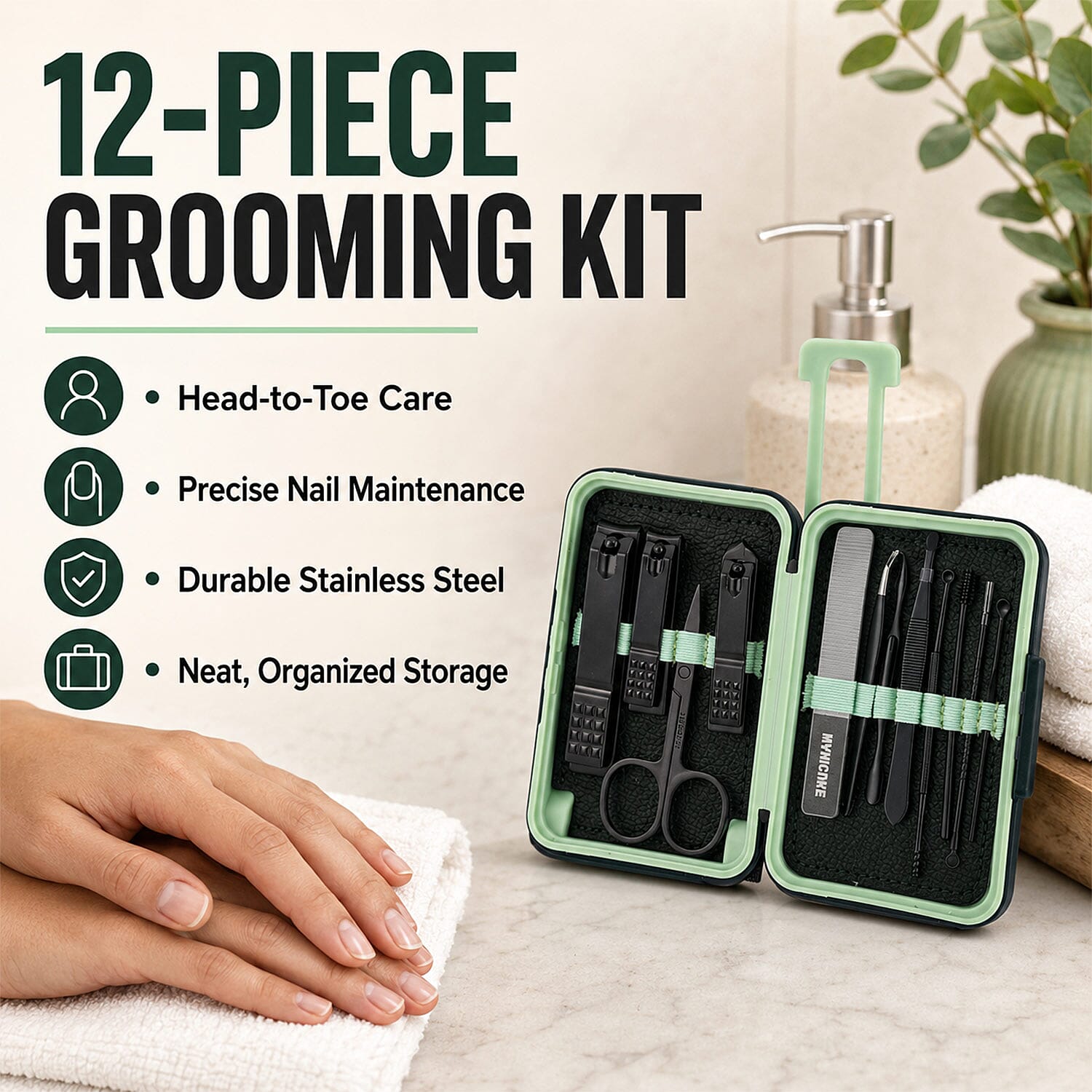 Livmore Green Stainless Steel 12pcs Manicure Set - Pink