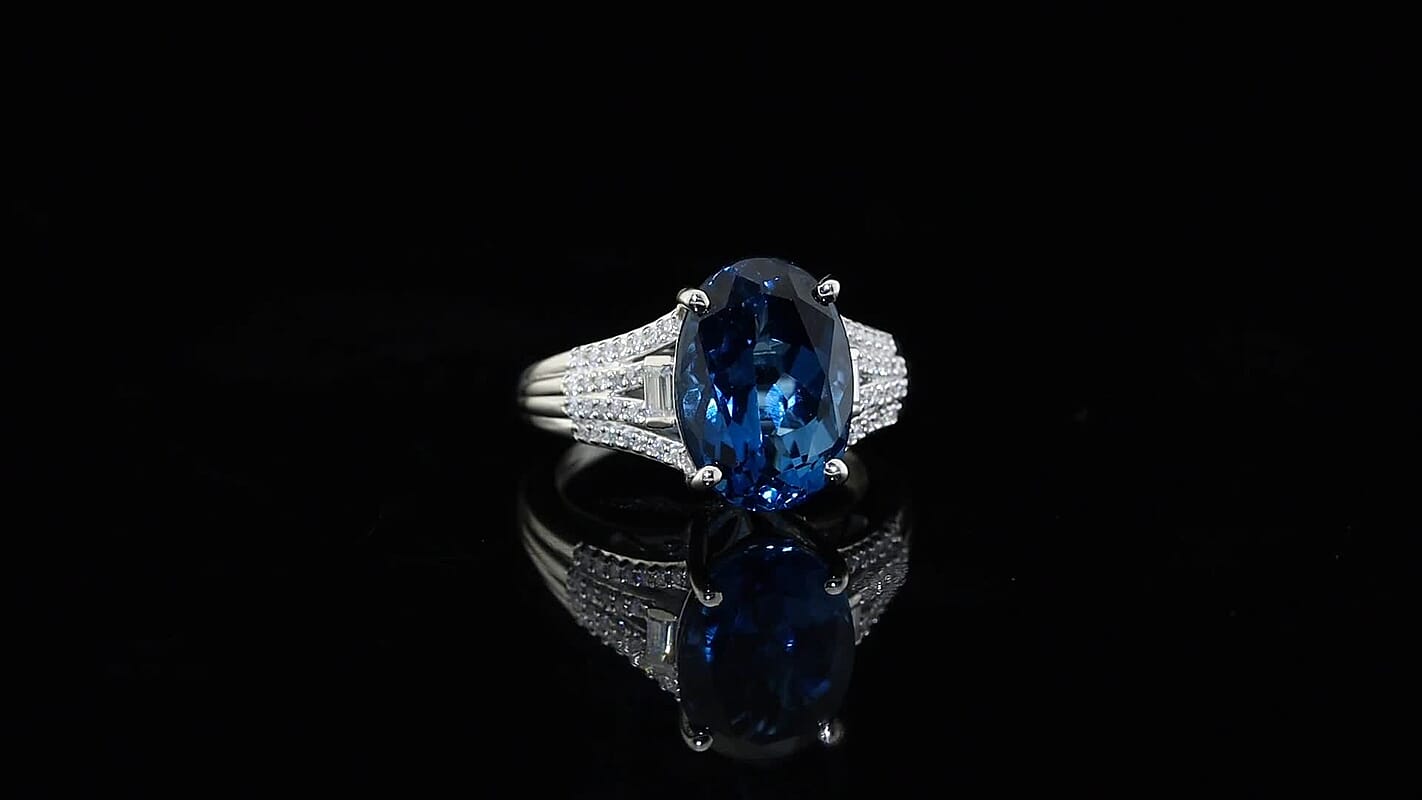 D'Joy London Blue Topaz, Moissanite Ring in Rhodium Over Sterling Silver (Size 10.0) 7.40 ctw,,,,,,,,,