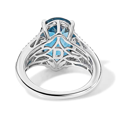D'Joy London Blue Topaz and Moissanite 7.40 ctw Ocean Citadel Ring in Rhodium Over Sterling Silver (Size 6.0)