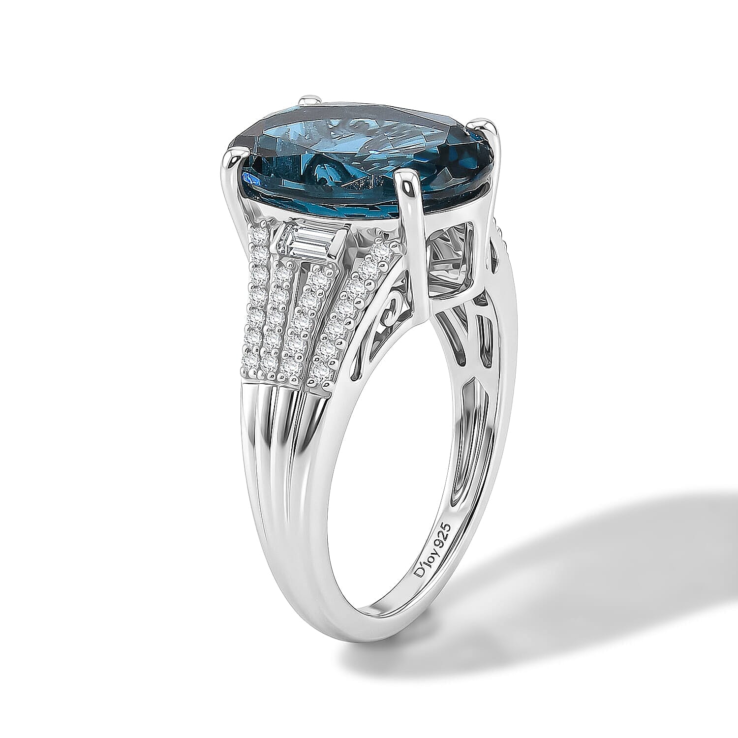 D'Joy London Blue Topaz and Moissanite 7.40 ctw Ring in Rhodium Over Sterling Silver (Size 7.0)