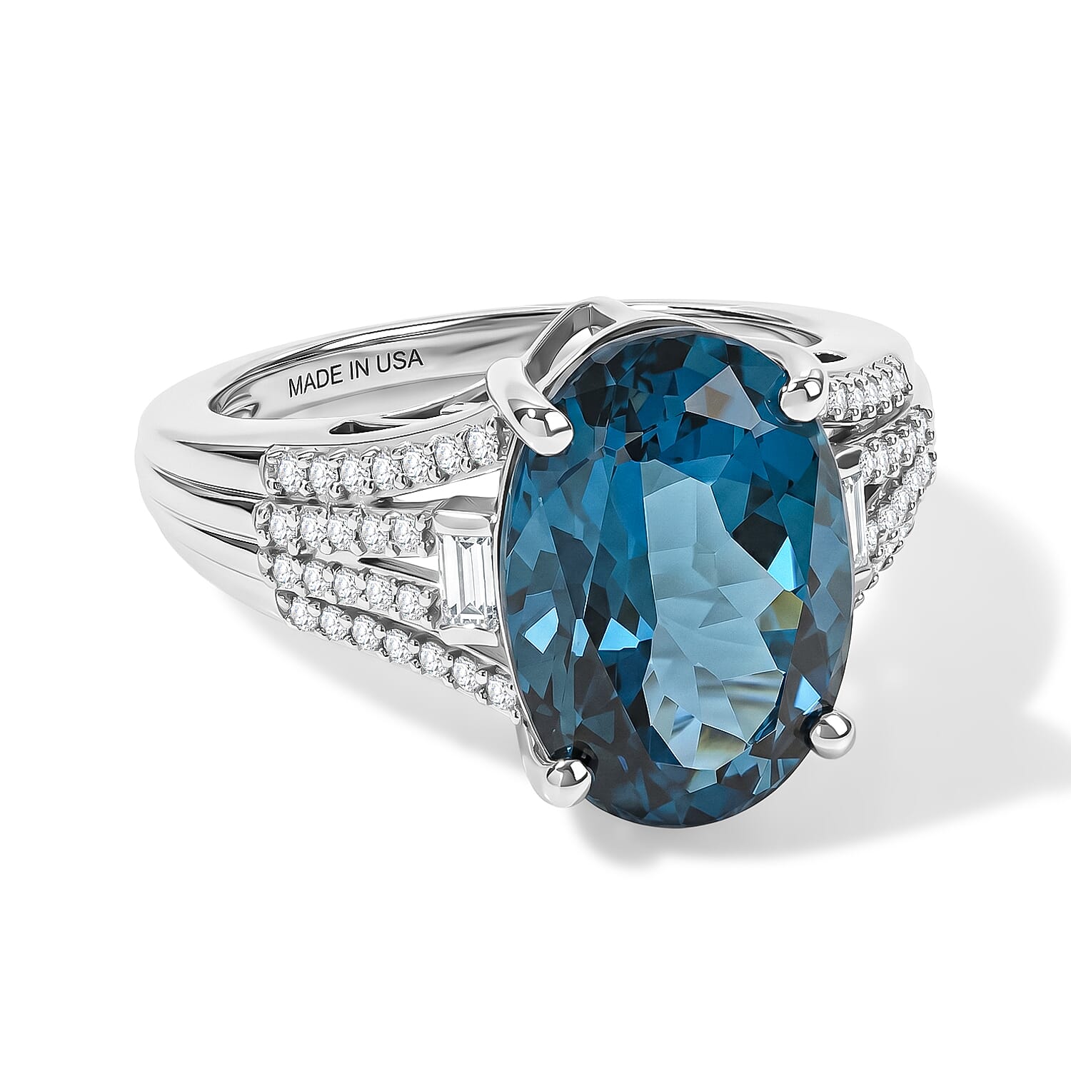 D'Joy London Blue Topaz, Moissanite Ring in Rhodium Over Sterling Silver (Size 10.0) 7.40 ctw,,,,,,,,,