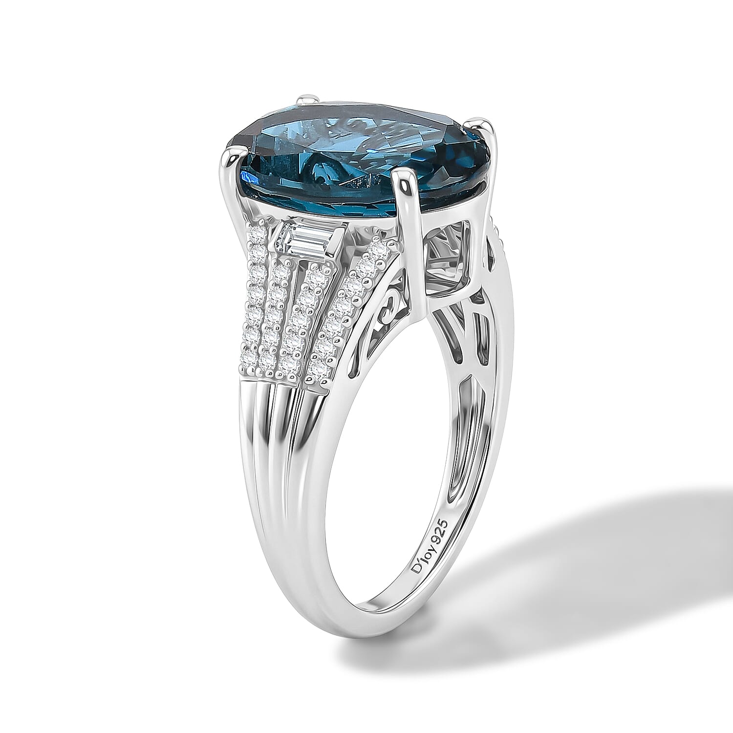 D'Joy London Blue Topaz and Moissanite 7.40 ctw Ocean Citadel Ring in Rhodium Over Sterling Silver (Size 8.0)