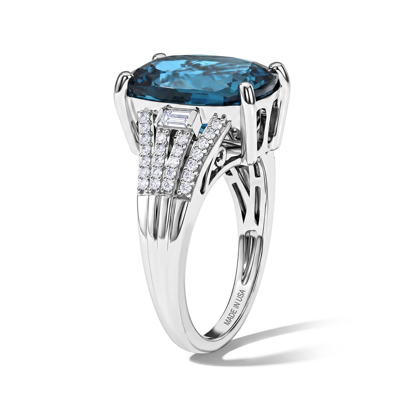 D'Joy London Blue Topaz and Moissanite 7.80 ctw Ocean Citadel Ring in Rhodium Over Sterling Silver (Size 6.0)
