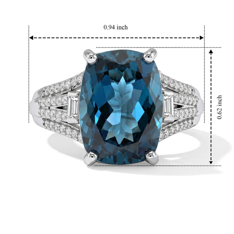 D'Joy London Blue Topaz and Moissanite 7.80 ctw Ocean Citadel Ring in Rhodium Over Sterling Silver (Size 6.0)