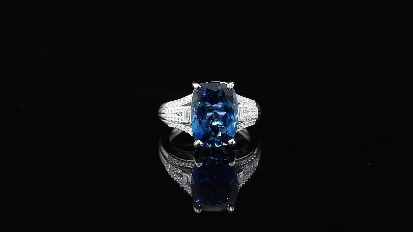 D'Joy London Blue Topaz, Moissanite Ring in Rhodium Over Sterling Silver (Size 10.0) 7.40 ctw,,,,,,,,,
