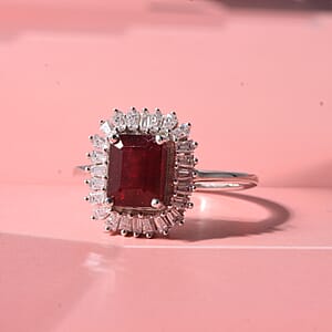 D'Joy Niassa Ruby (FF) and Moissanite 3.10 ctw Imperial Frame Ring in Rhodium Over Sterling Silver (Size 10.0)