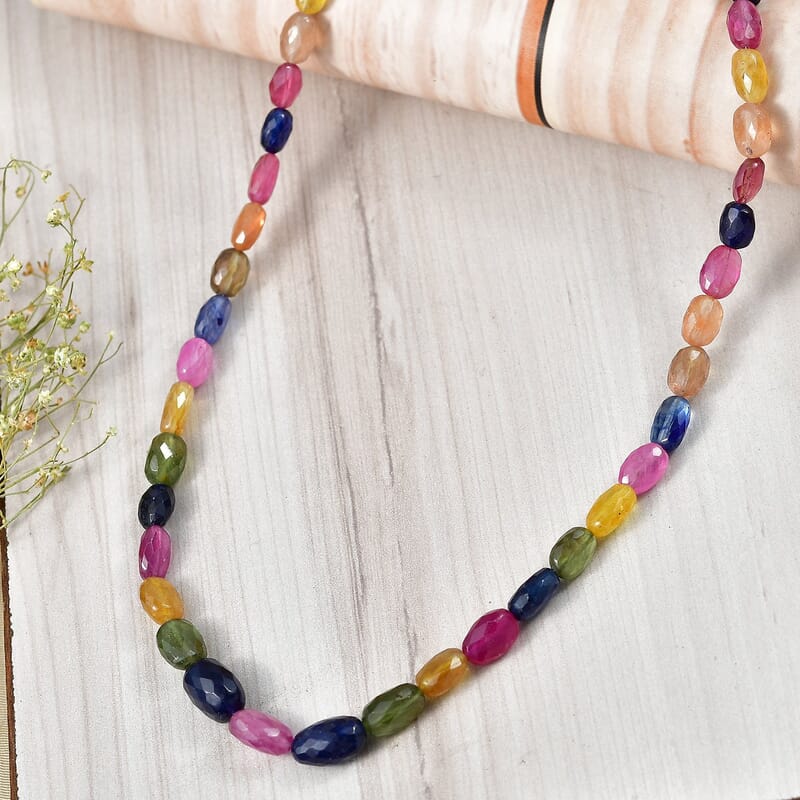 D'Joy Premium Multi Sapphire 150.00 ctw Beaded Necklace in Rhodium Over Sterling Silver (18-20 Inches)