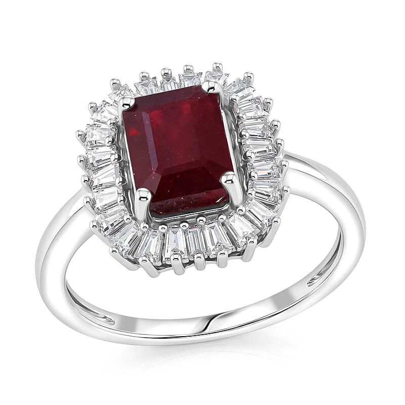 D'Joy Niassa Ruby (FF) and Moissanite 3.10 ctw Imperial Frame Ring in Rhodium Over Sterling Silver (Size 6.0)