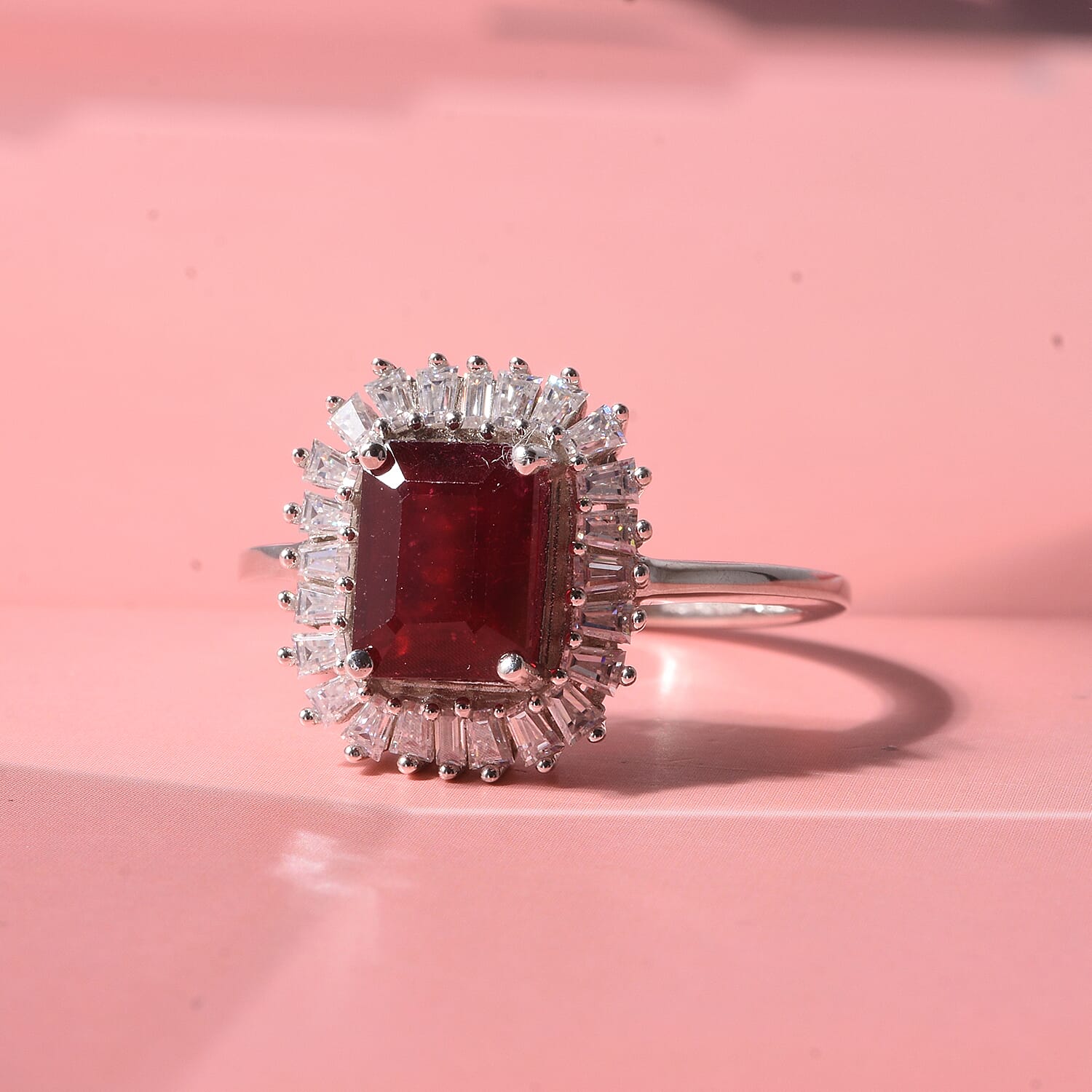 D'Joy Niassa Ruby (FF) and Moissanite 3.10 ctw Imperial Frame Ring in Rhodium Over Sterling Silver (Size 6.0)