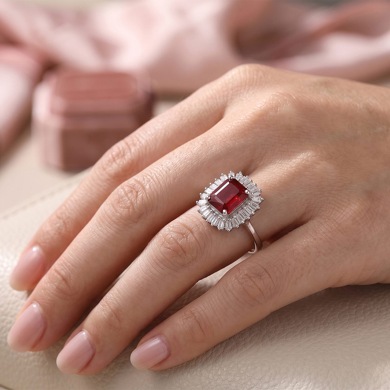 D'Joy Niassa Ruby (FF) and Moissanite 3.10 ctw Imperial Frame Ring in Rhodium Over Sterling Silver (Size 6.0)
