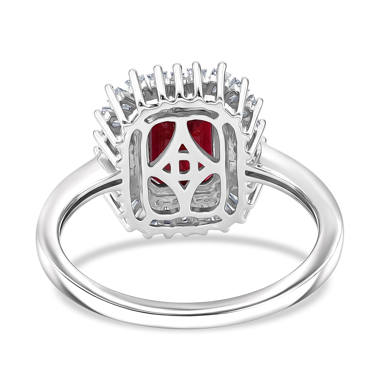 D'Joy Niassa Ruby (FF) and Moissanite 3.10 ctw Imperial Frame Ring in Rhodium Over Sterling Silver (Size 6.0)
