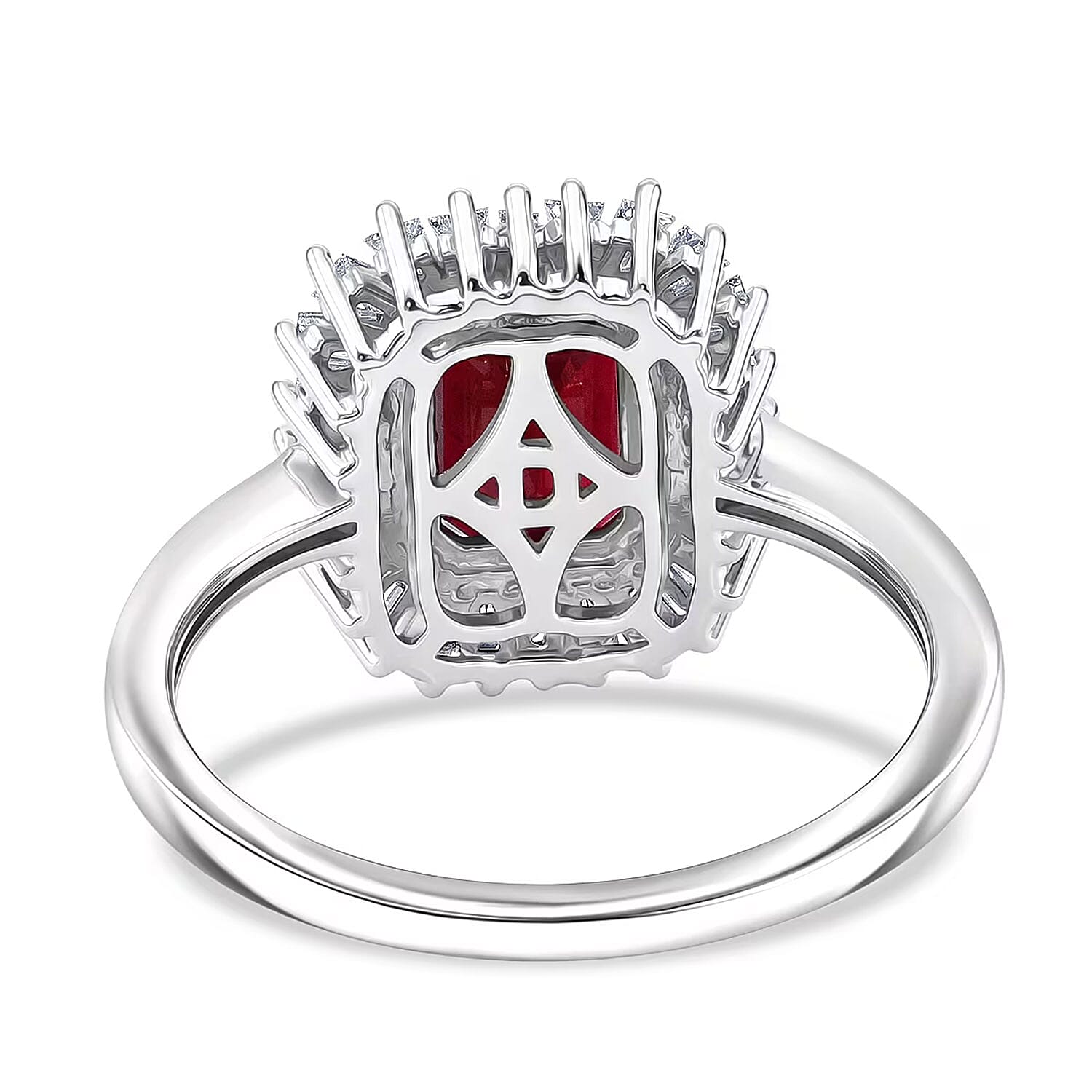 D'Joy Niassa Ruby (FF) and Moissanite 3.10 ctw Imperial Frame Ring in Rhodium Over Sterling Silver (Size 6.0)