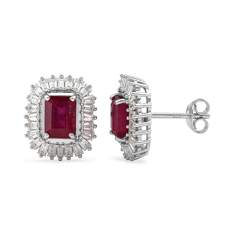 D'Joy Niassa Ruby (FF) and Moissanite 4.30 ctw Imperial Frame Earrings in Rhodium Over Sterling Silver