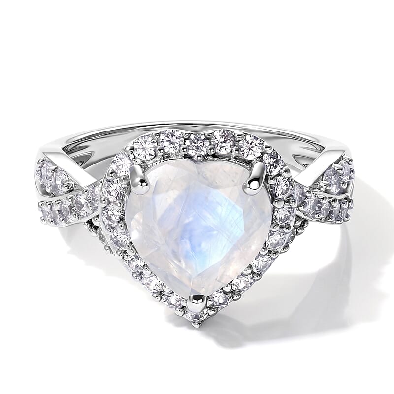 EverTrue Rainbow Moonstone and White Zircon 3.15 ctw Ring in Platinum Bond (Size 5.0)