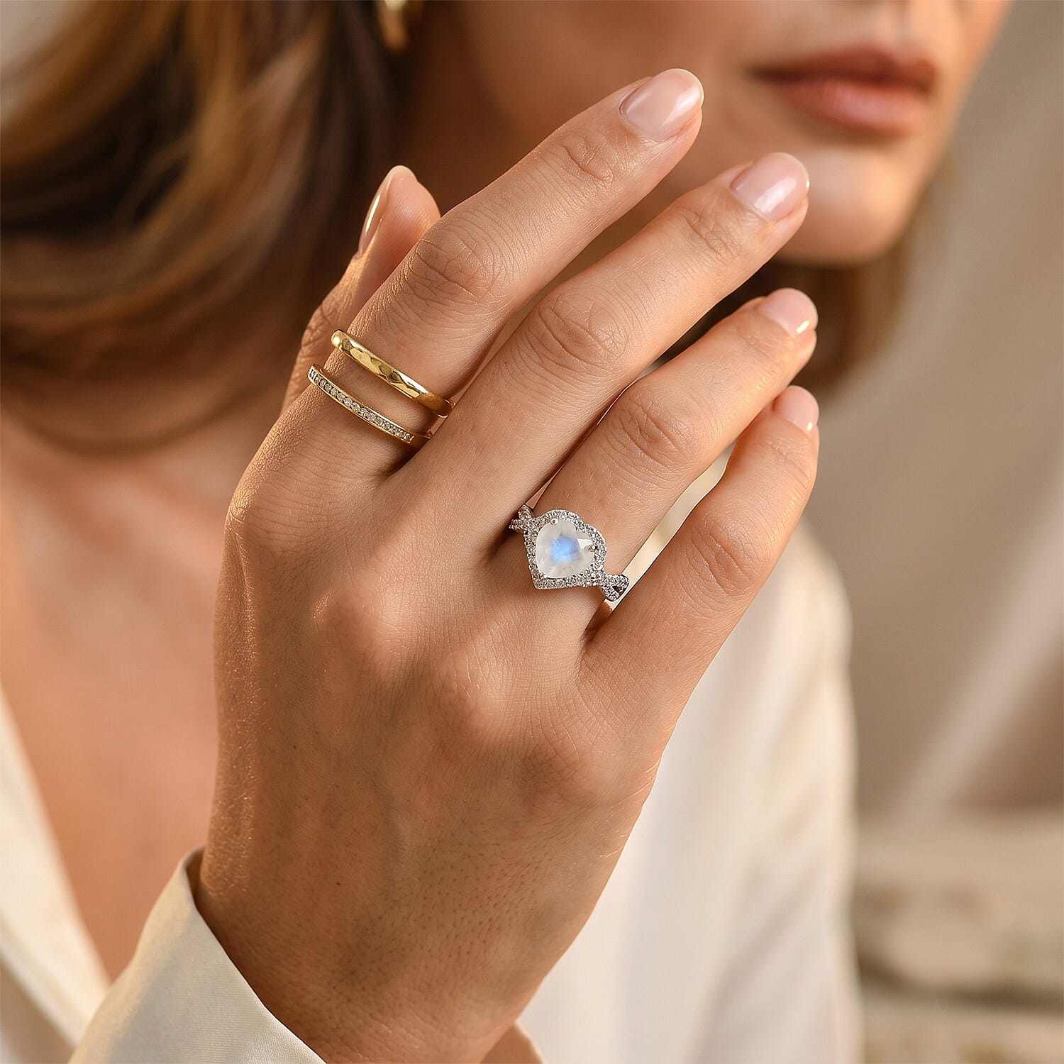 EverTrue Rainbow Moonstone and White Zircon 3.15 ctw Ring in Platinum Bond (Size 5.0)