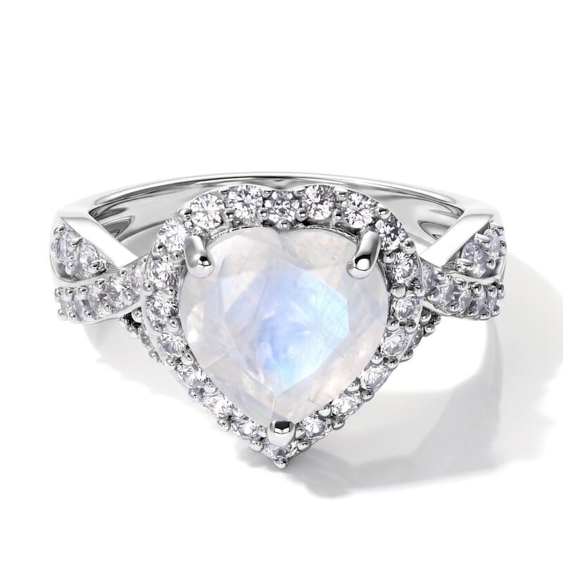 EverTrue Rainbow Moonstone and White Zircon 3.15 ctw Eternal Heart Ring in Platinum Bond (Size 6.0)