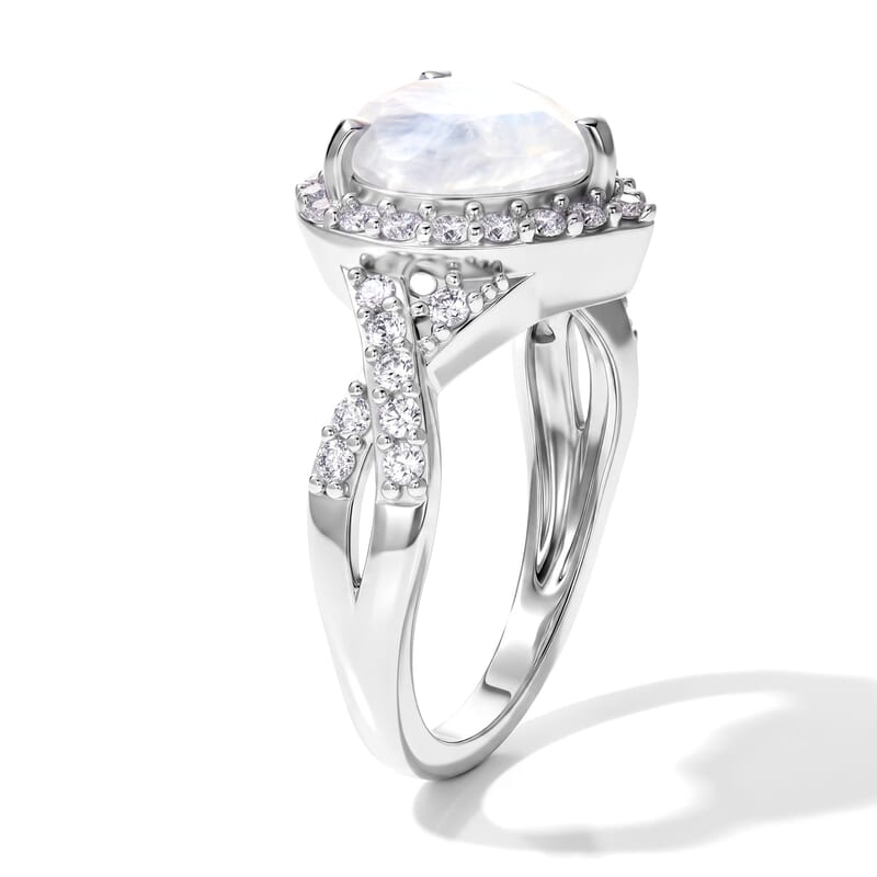 EverTrue Rainbow Moonstone and White Zircon 3.15 ctw Eternal Heart Ring in Platinum Bond (Size 6.0)