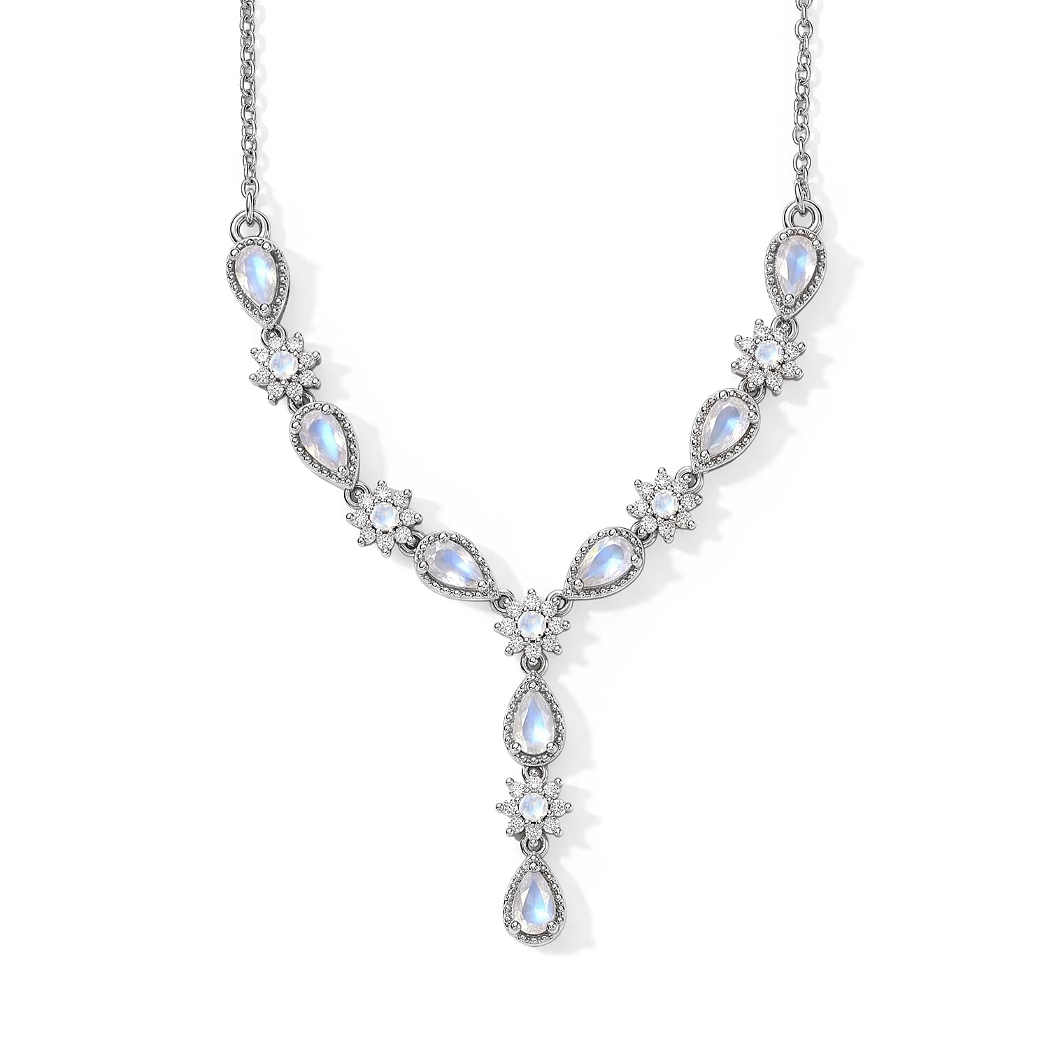 EverTrue Rainbow Moonstone and White Zircon 2.50 ctw Necklace in Platinum Bond and Stainless Steel 18-20 Inches