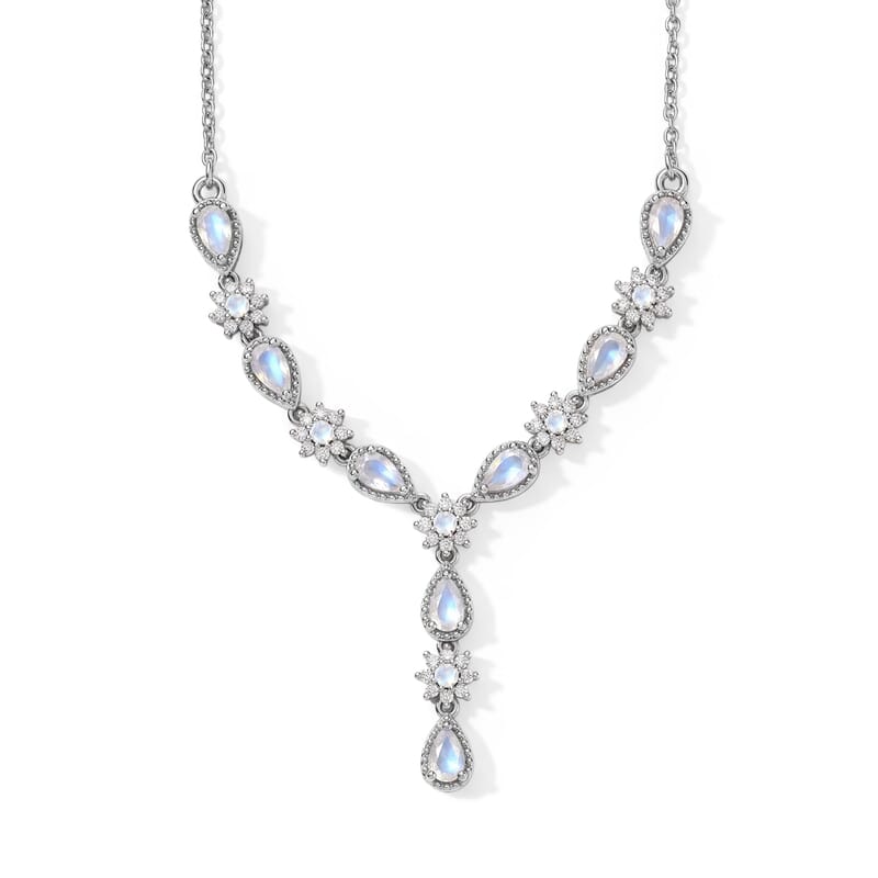 EverTrue Rainbow Moonstone and White Zircon 2.50 ctw Moonlit Starfall Necklace in Platinum Bond and Stainless Steel 18-20 Inches