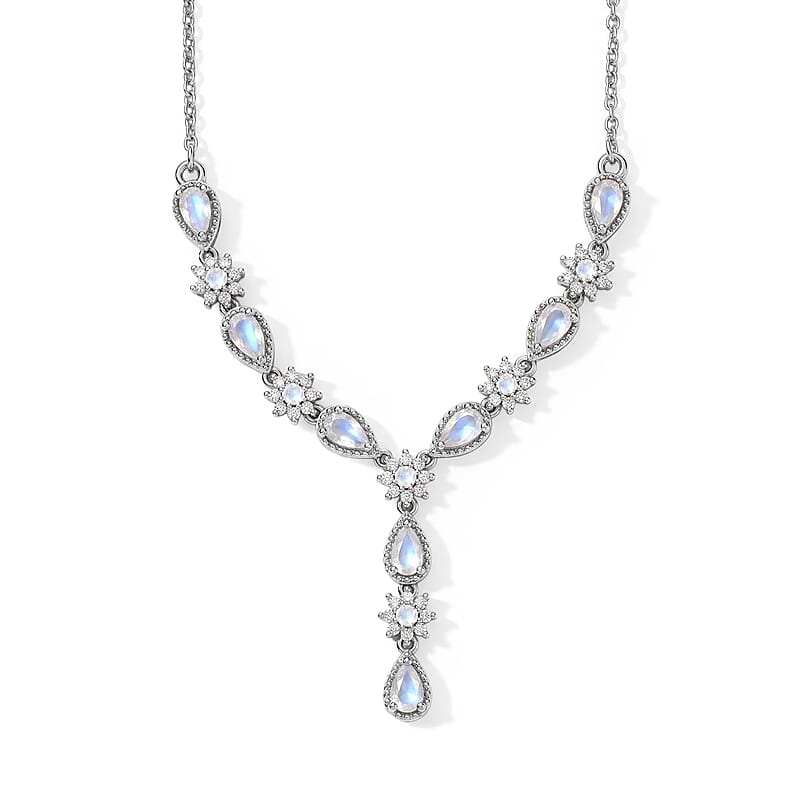 EverTrue Rainbow Moonstone and White Zircon 2.50 ctw Necklace in Platinum Bond and Stainless Steel 18-20 Inches