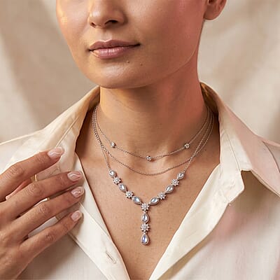 EverTrue Rainbow Moonstone and White Zircon 2.50 ctw Necklace in Platinum Bond and Stainless Steel 18-20 Inches