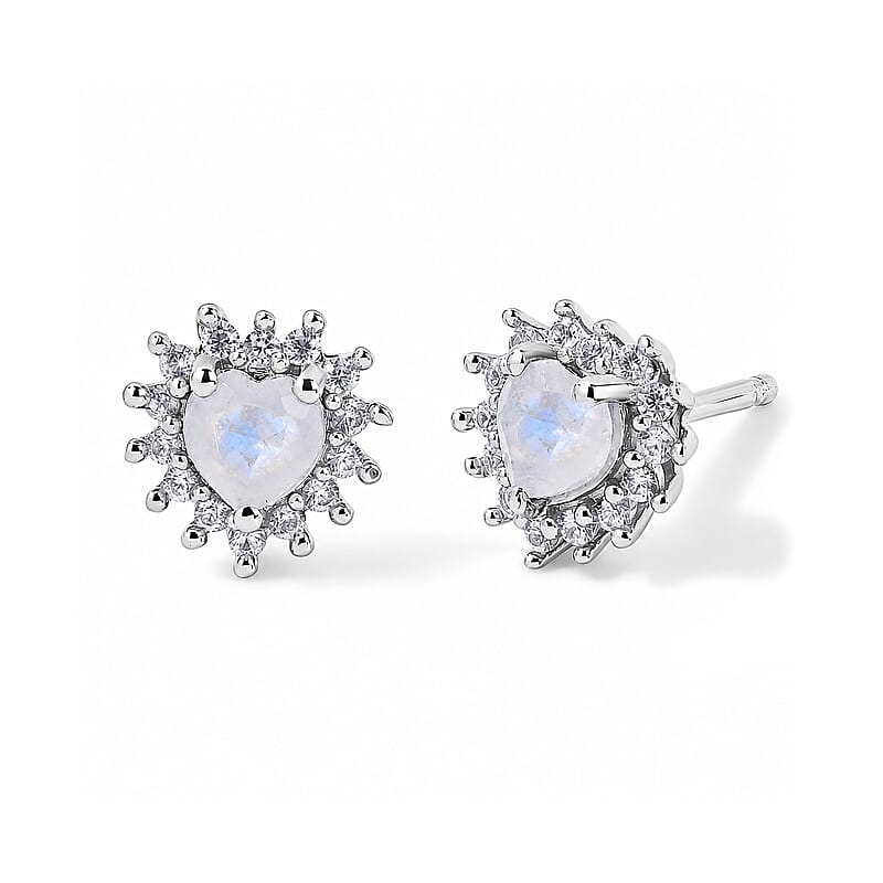 EverTrue Rainbow Moonstone and White Zircon 0.75 ctw Solitaire Stud Earrings in Platinum Bond