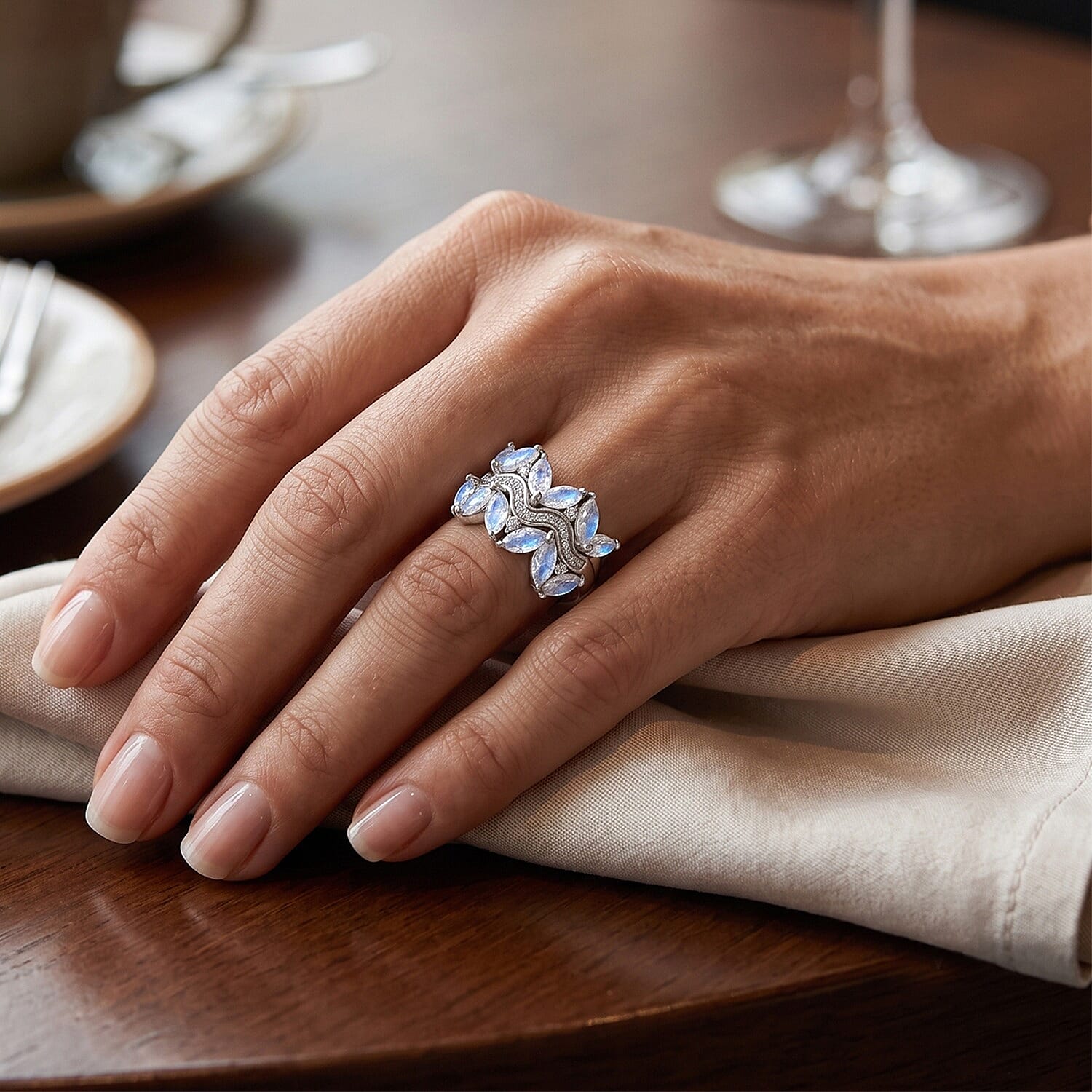 EverTrue Rainbow Moonstone and White Zircon 3.20 ctw Ring in Platinum Bond (Size 5.0)