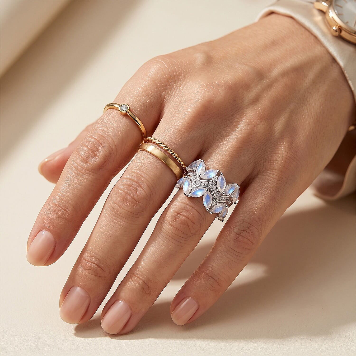 EverTrue Rainbow Moonstone and White Zircon 3.20 ctw Ring in Platinum Bond (Size 5.0)