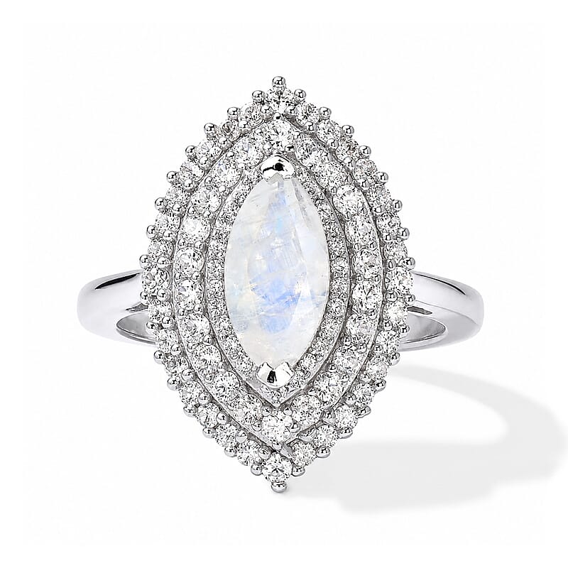 EverTrue Rainbow Moonstone and White Zircon 2.10 ctw Ring in Platinum Bond (Size 5.0)
