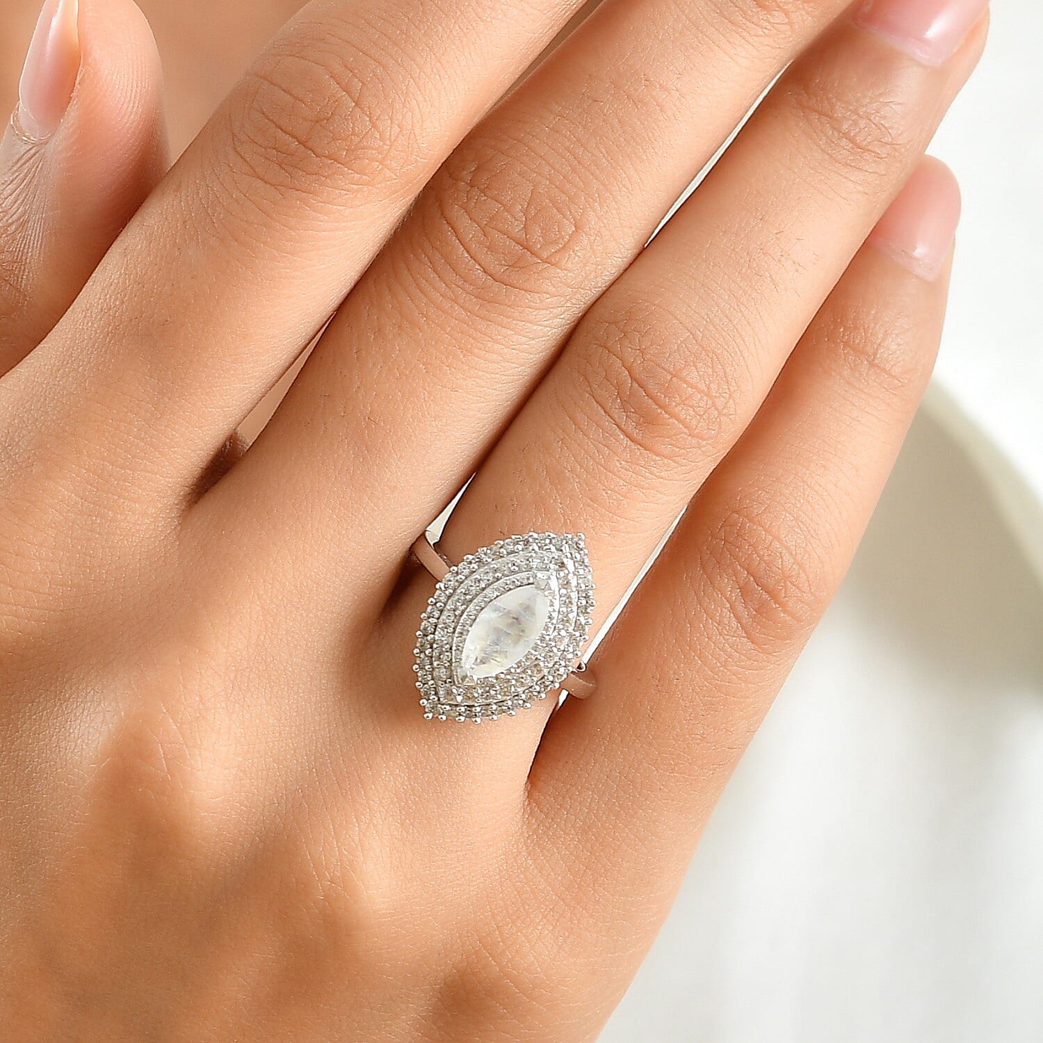 EverTrue Rainbow Moonstone and White Zircon 2.10 ctw Ring in Platinum Bond (Size 5.0)