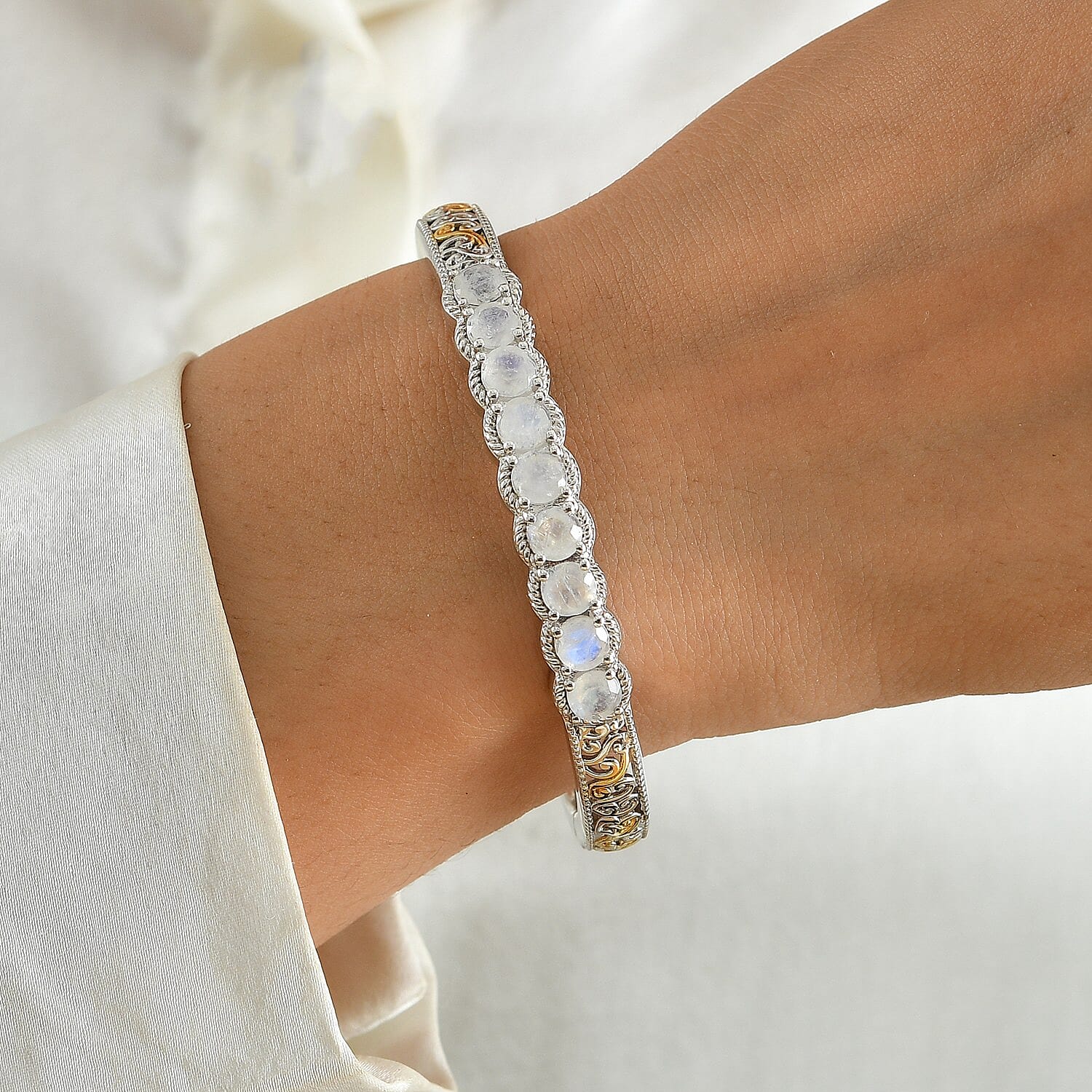 EverTrue Rainbow Moonstone 4.00 ctw Cuff Bracelet in 18K YG Plated and Platinum Bond (6.50 In)
