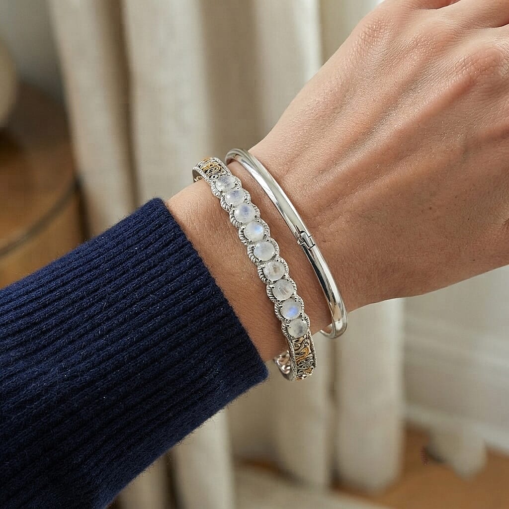EverTrue Rainbow Moonstone 4.00 ctw Cuff Bracelet in 18K YG Plated and Platinum Bond (6.50 In)